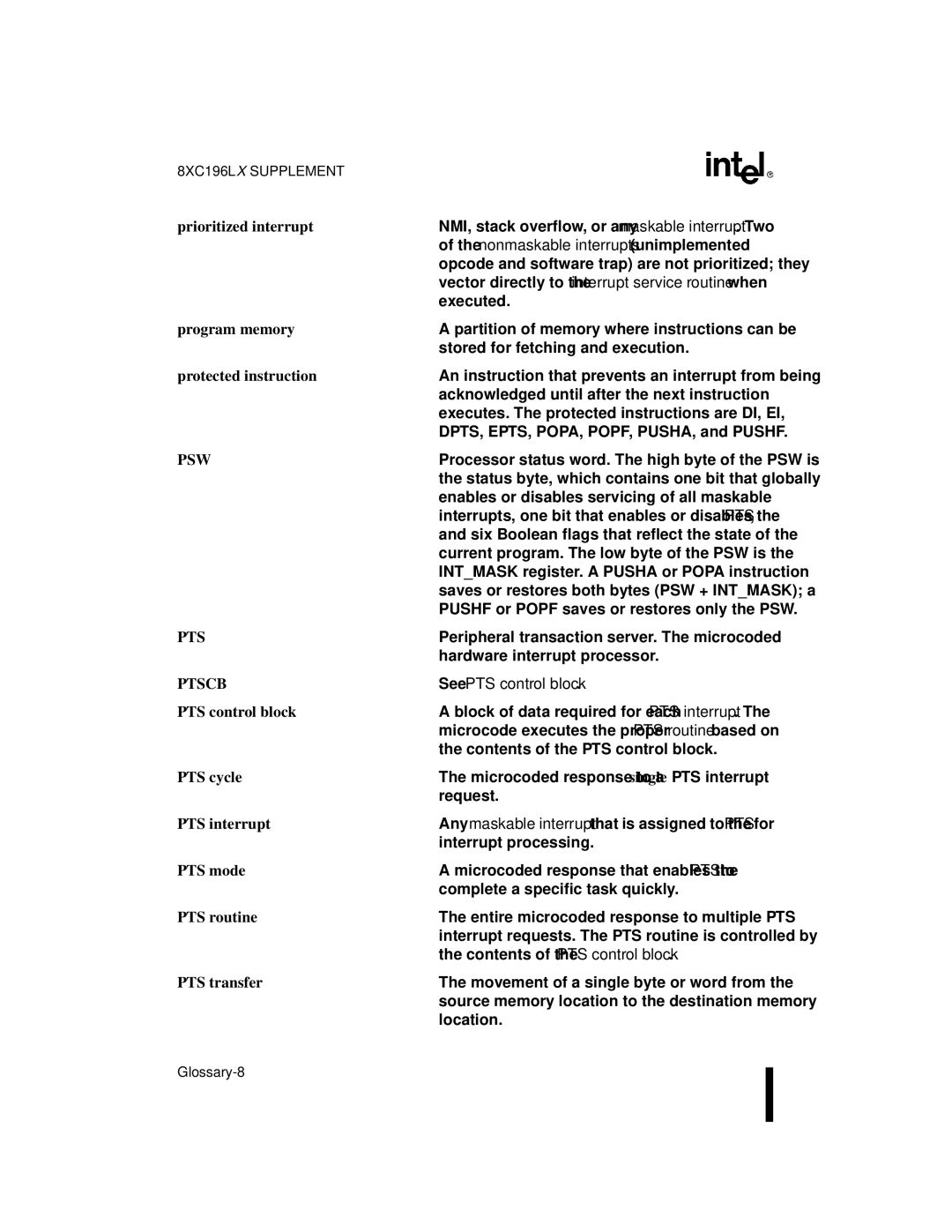 Intel 8XC196Jx, 8XC196Lx, 8XC196Kx, 87C196CA user manual Psw, Ptscb 