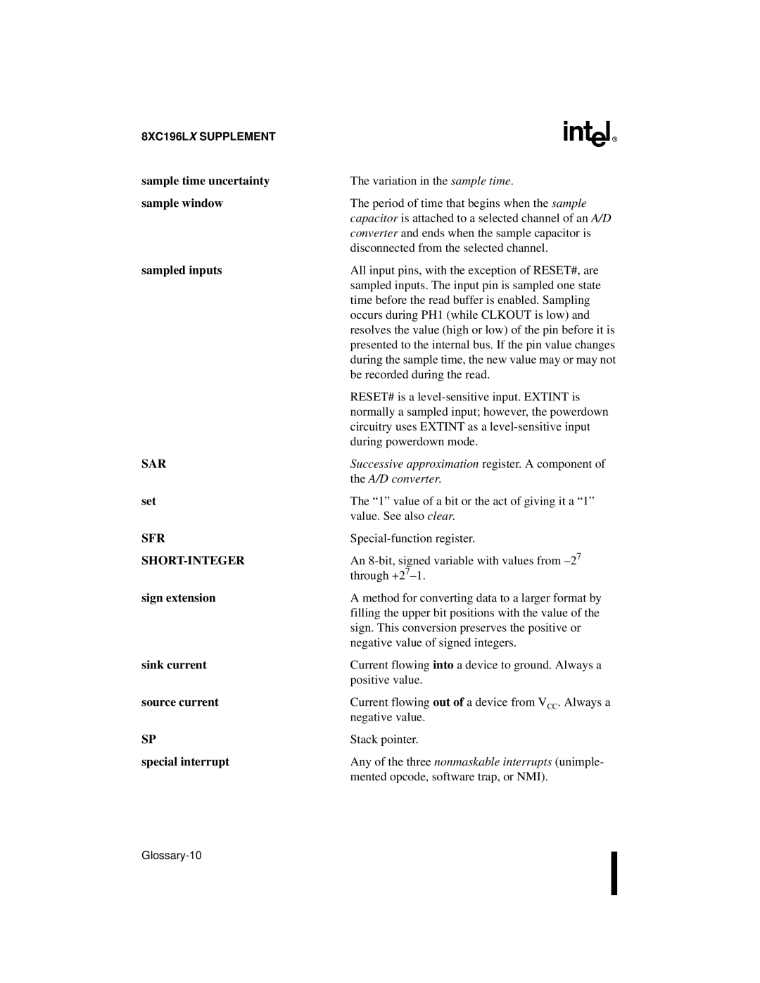 Intel 8XC196Kx, 8XC196Jx, 8XC196Lx, 87C196CA user manual Sar, Sfr, Short-Integer 