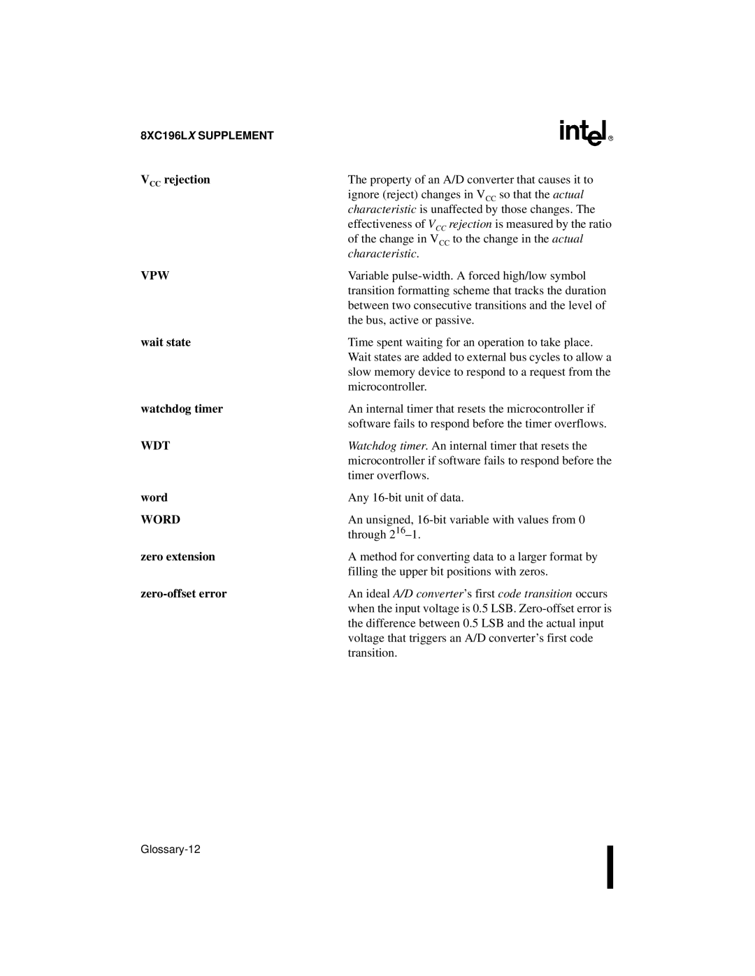 Intel 8XC196Jx, 8XC196Lx, 8XC196Kx, 87C196CA user manual Vpw, Wdt, Word 