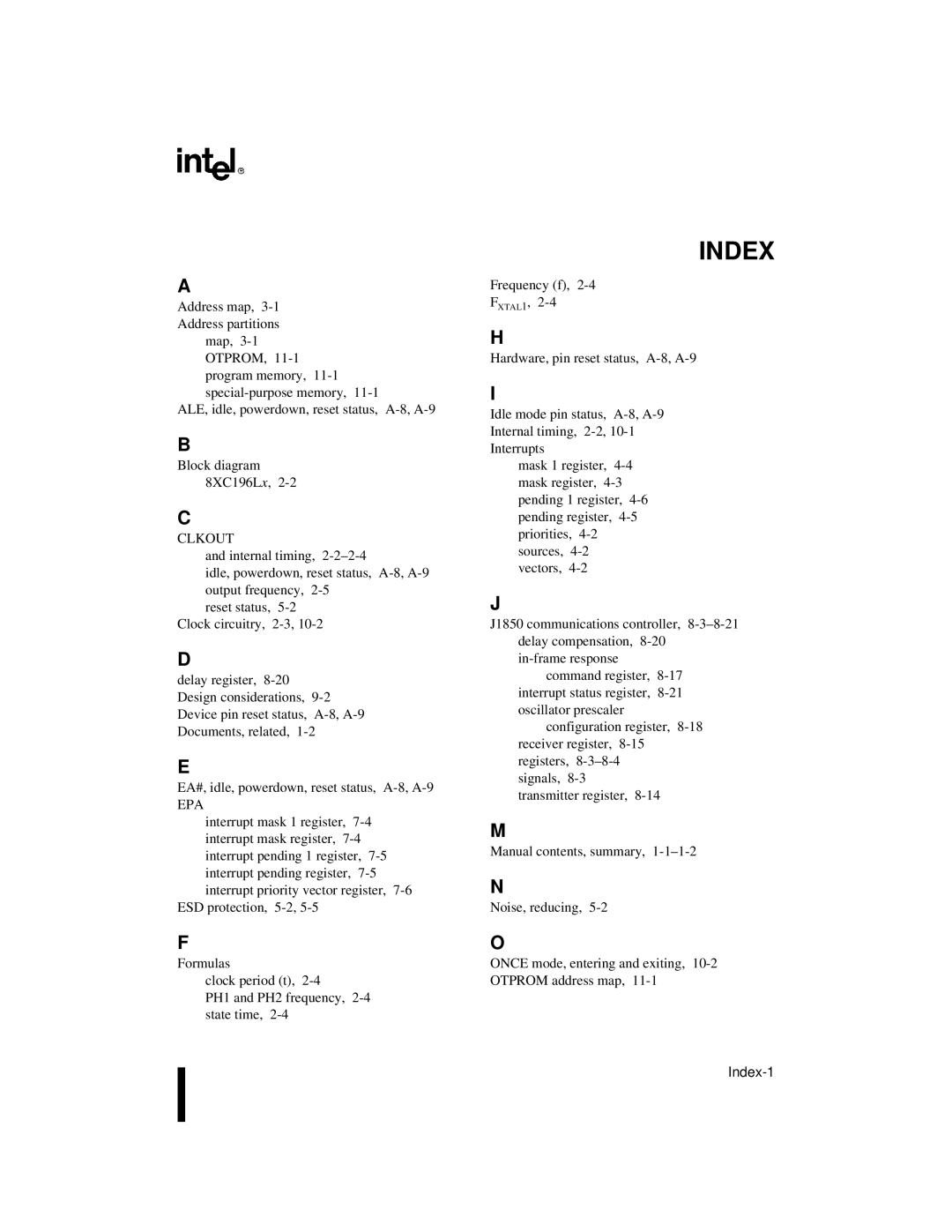 Intel 87C196CA, 8XC196Jx, 8XC196Lx, 8XC196Kx user manual Index, Clkout 