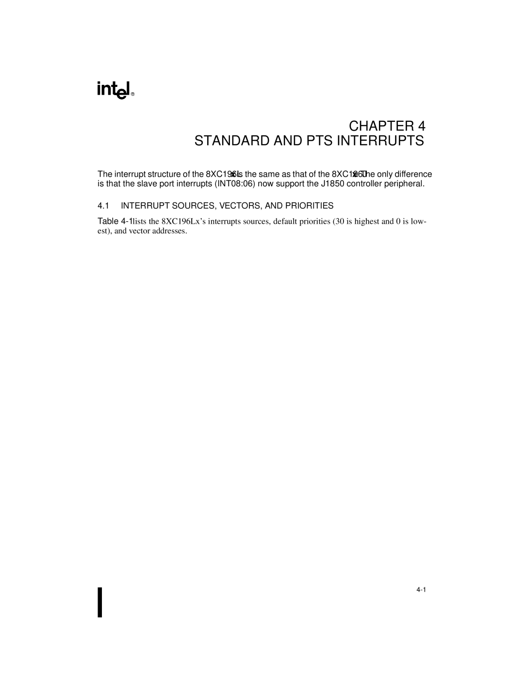 Intel 87C196CA, 8XC196Jx, 8XC196Lx, 8XC196Kx Chapter Standard and PTS Interrupts, Interrupt SOURCES, VECTORS, and Priorities 
