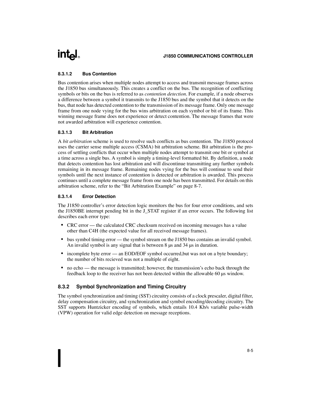 Intel 87C196CA, 8XC196Jx Symbol Synchronization and Timing Circuitry, Bus Contention, Bit Arbitration, Error Detection 