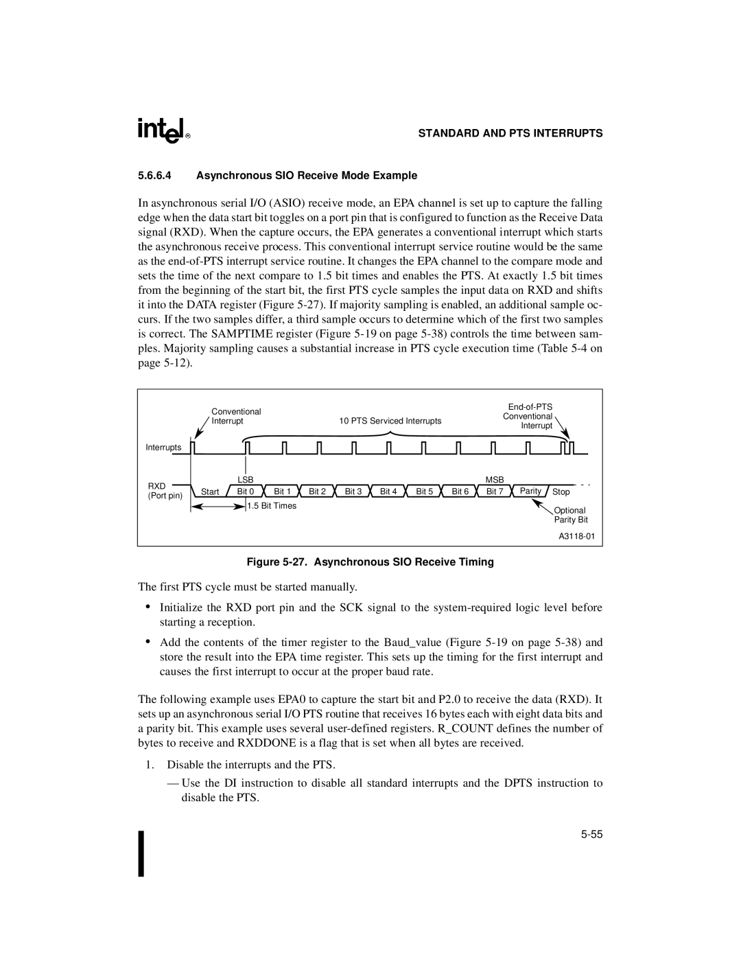 Intel 8XC196MH, 8XC196MD, 8XC196MC manual Asynchronous SIO Receive Mode Example, Asynchronous SIO Receive Timing 