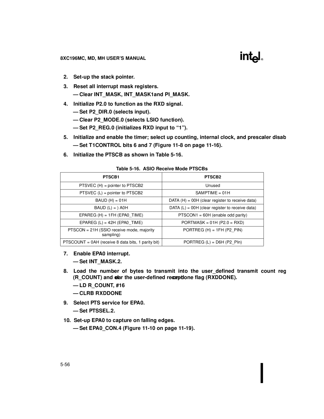 Intel 8XC196MC, 8XC196MD, 8XC196MH manual Asio Receive Mode PTSCBs, Samptime = 01H, Portreg H = 1FH P2PIN 