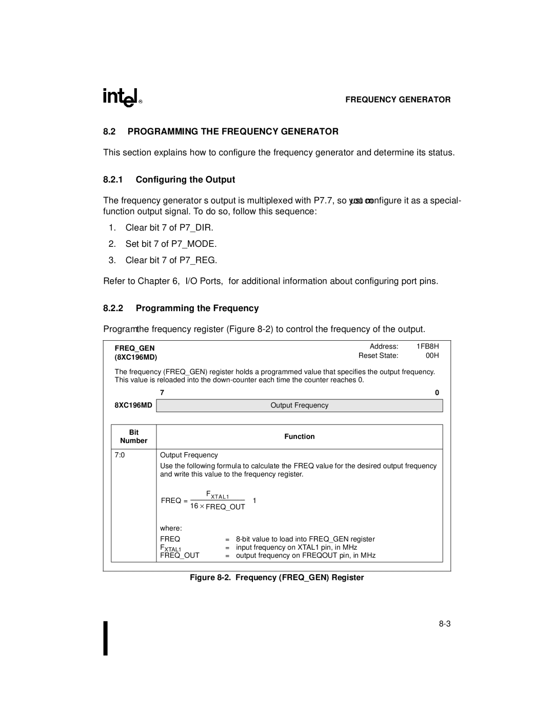 Intel 8XC196MH, 8XC196MD, 8XC196MC manual Programming the Frequency Generator, Configuring the Output, Freqgen, Bit 