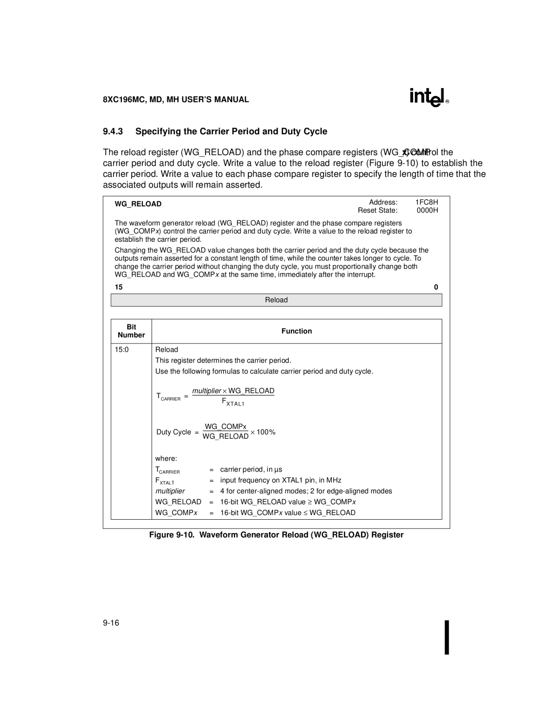 Intel 8XC196MC, 8XC196MD, 8XC196MH manual Specifying the Carrier Period and Duty Cycle, Wgreload, Reload 