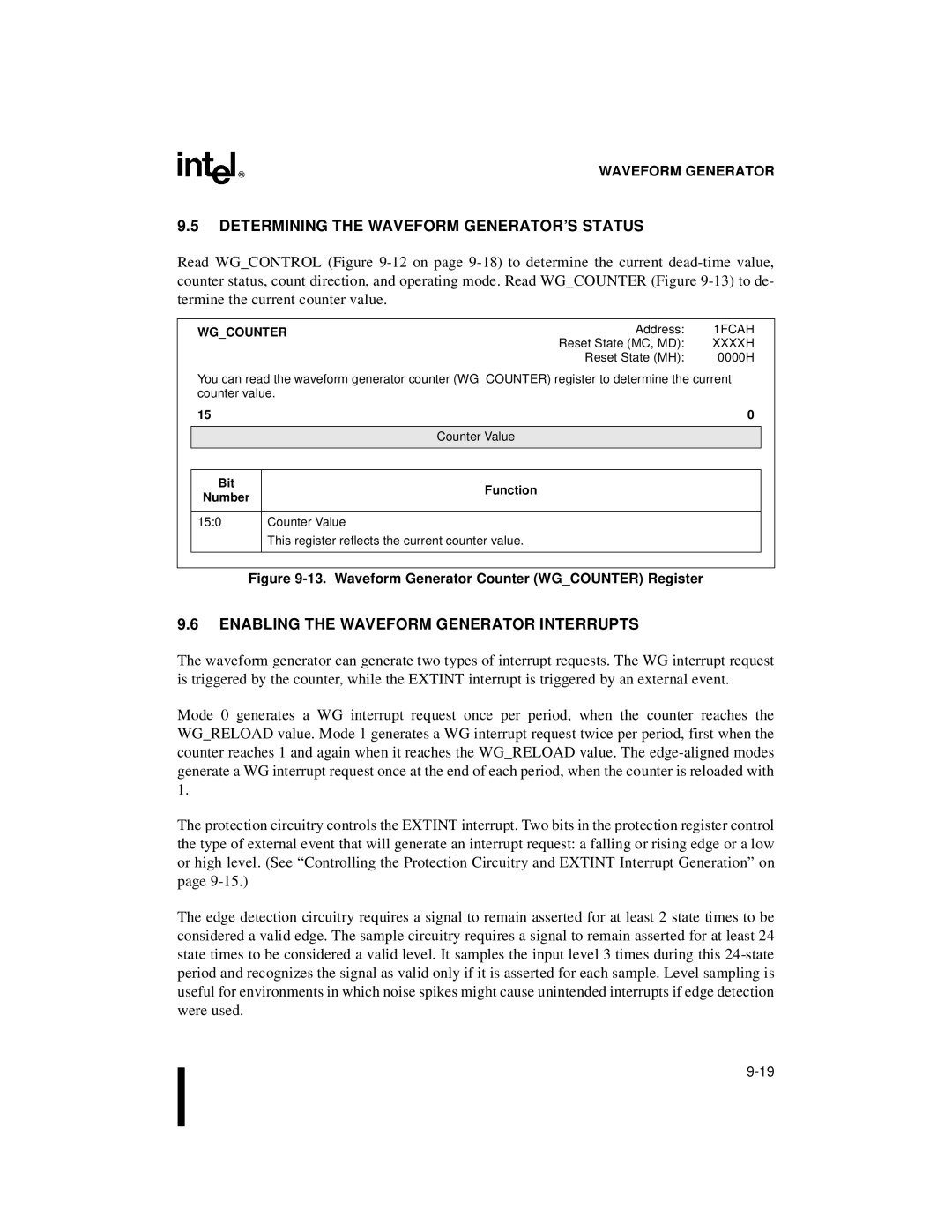 Intel 8XC196MC Determining the Waveform GENERATOR’S Status, Enabling the Waveform Generator Interrupts, Wgcounter, Xxxxh 