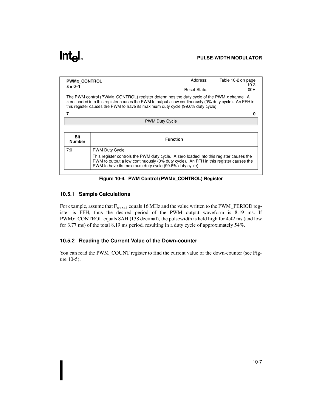 Intel 8XC196MD, 8XC196MH Sample Calculations, Reading the Current Value of the Down-counter, PWM xCONTROL Address 10-3 