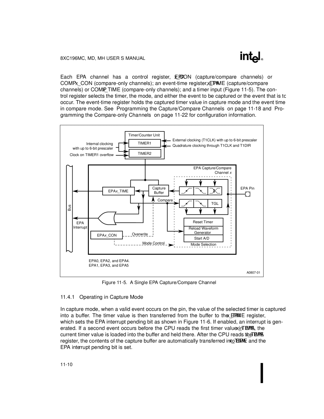 Intel 8XC196MD, 8XC196MH, 8XC196MC manual Operating in Capture Mode, A Single EPA Capture/Compare Channel 