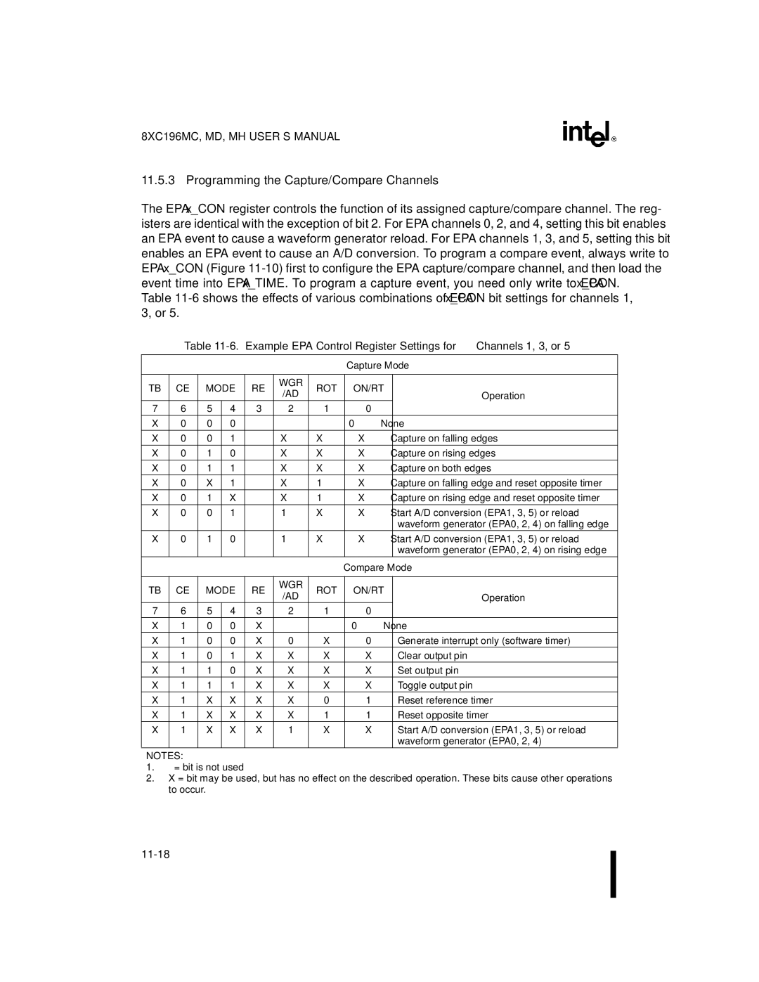 Intel 8XC196MC manual Programming the Capture/Compare Channels, Example EPA Control Register Settings for Channels 1, 3, or 