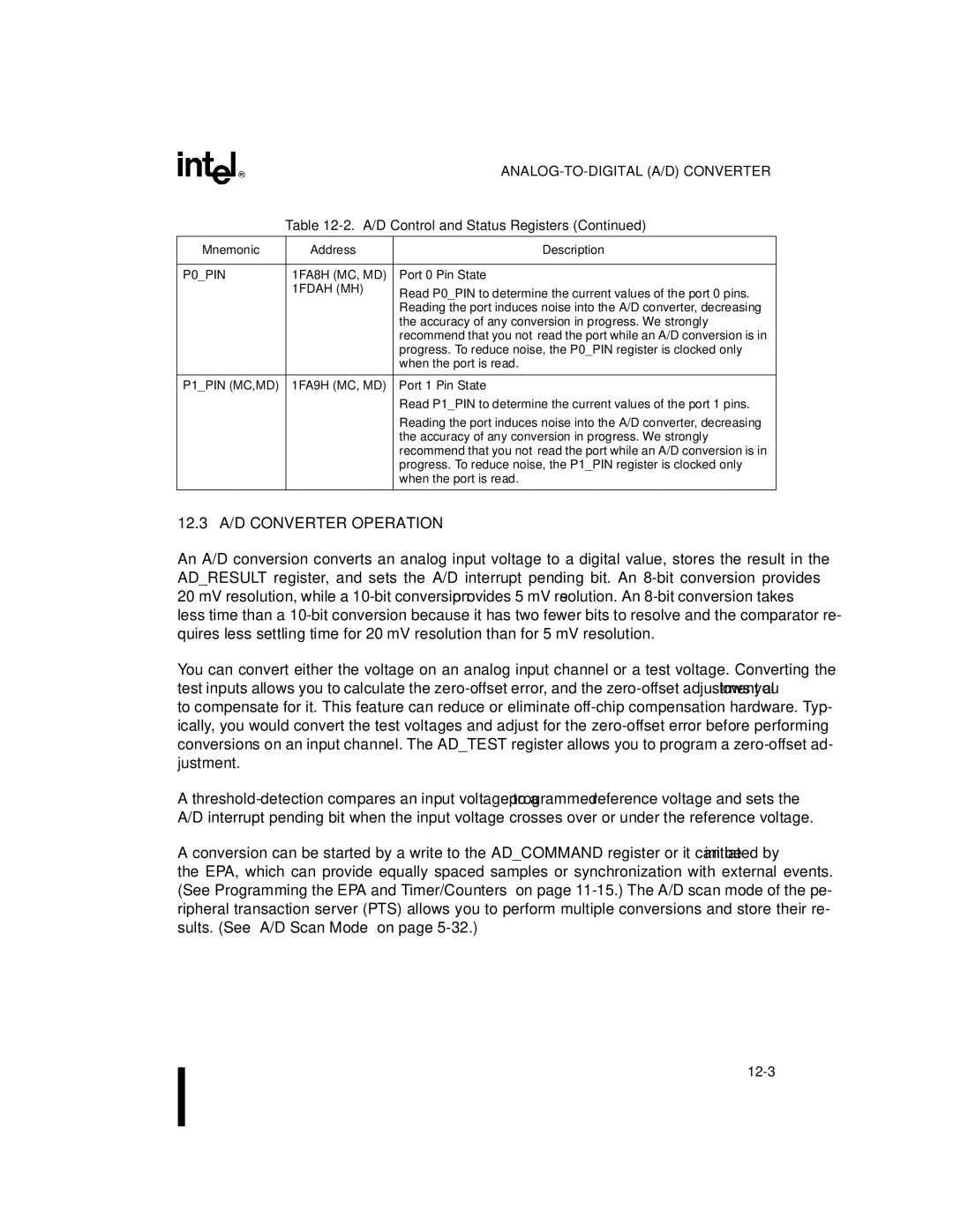 Intel 8XC196MH, 8XC196MD, 8XC196MC manual 12.3 A/D Converter Operation, P1PIN MC,MD 