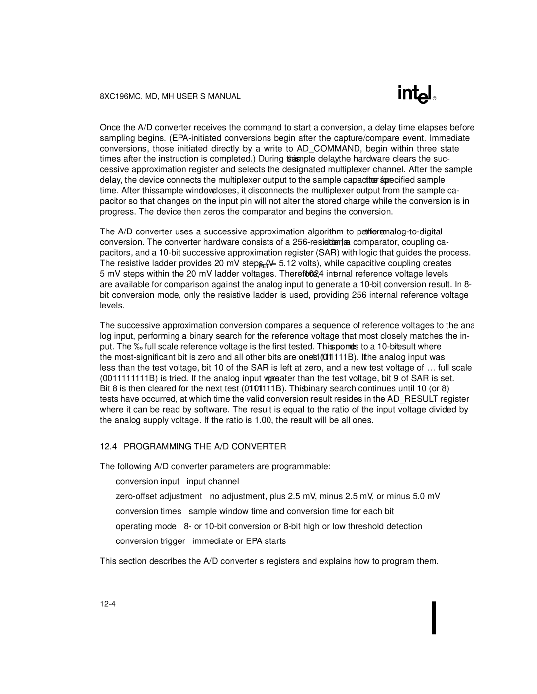 Intel 8XC196MC, 8XC196MD, 8XC196MH manual Programming the A/D Converter 