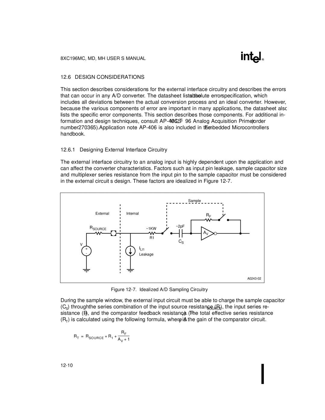 Intel 8XC196MC, 8XC196MD, 8XC196MH manual Designing External Interface Circuitry, Idealized A/D Sampling Circuitry 