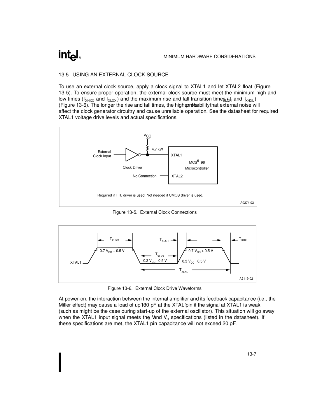 Intel 8XC196MH, 8XC196MD, 8XC196MC manual Using AN External Clock Source, External Clock Connections 