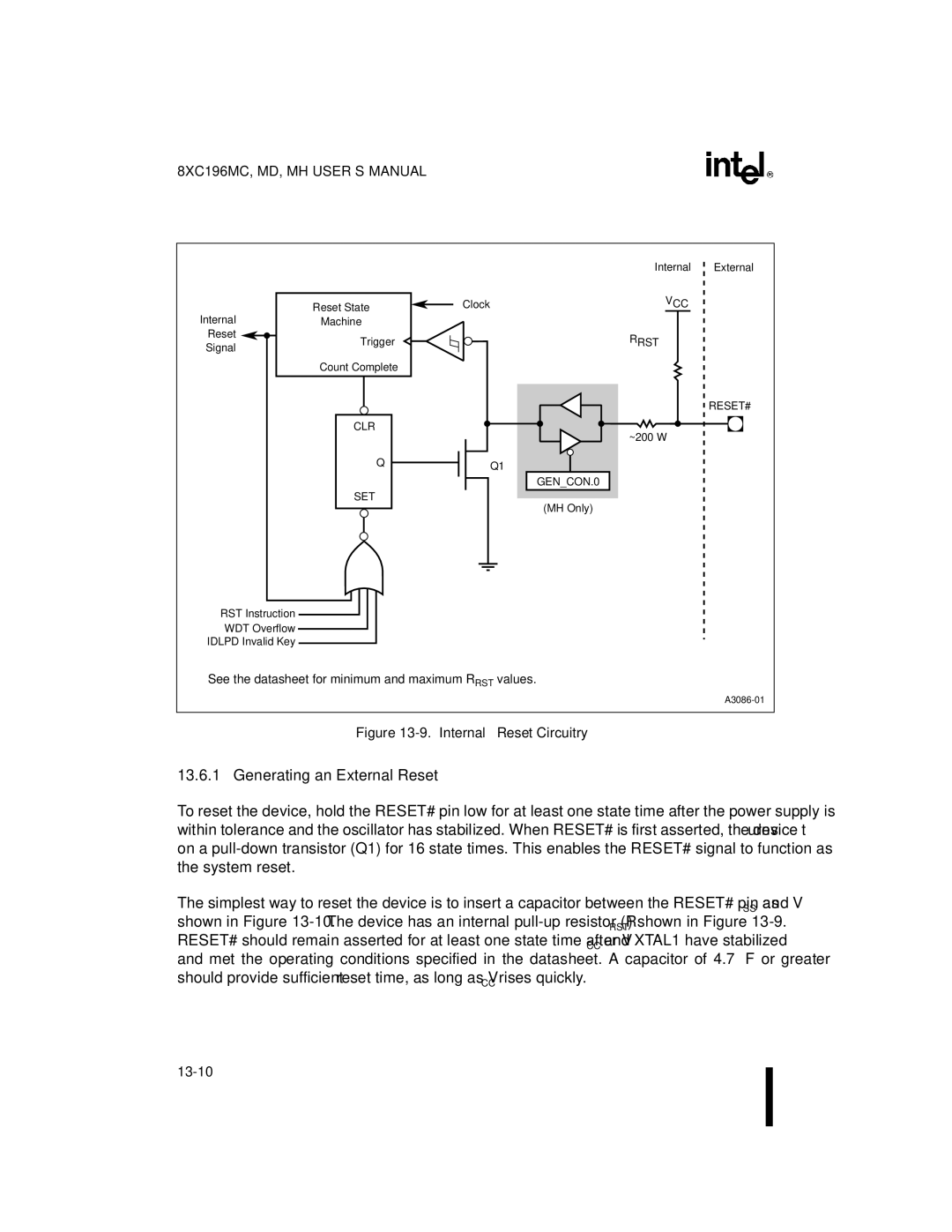 Intel 8XC196MH, 8XC196MD, 8XC196MC manual Generating an External Reset, Internal Reset Circuitry 