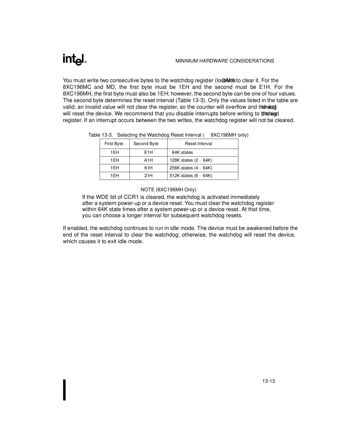 Intel Selecting the Watchdog Reset Interval 8XC196MH only, First Byte Second Byte Reset Interval, 1EH E1H, 1EH A1H 