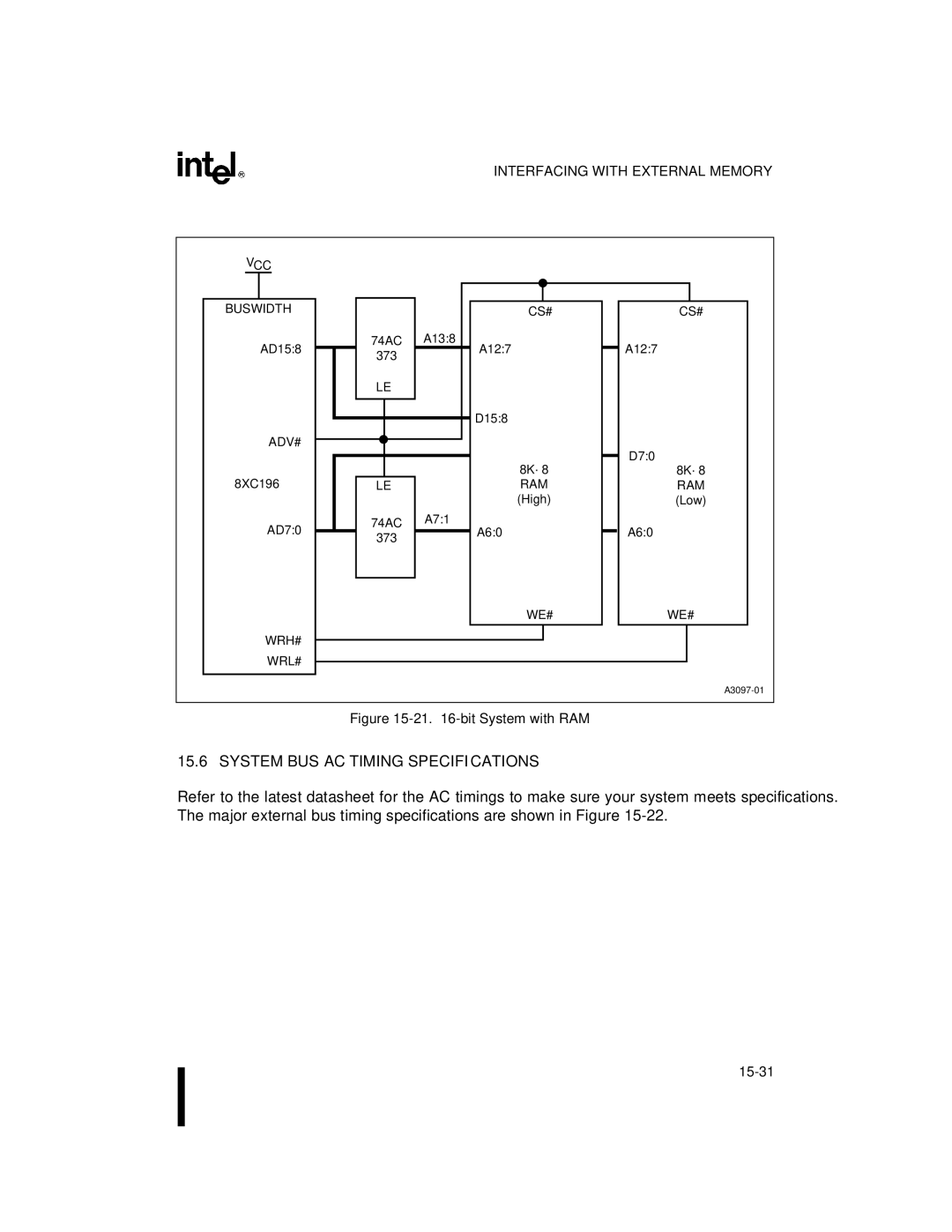 Intel 8XC196MH, 8XC196MD, 8XC196MC manual System BUS AC Timing Specifications, VCC Buswidth, Wrh# Wrl# Cs#, We# Cs# 