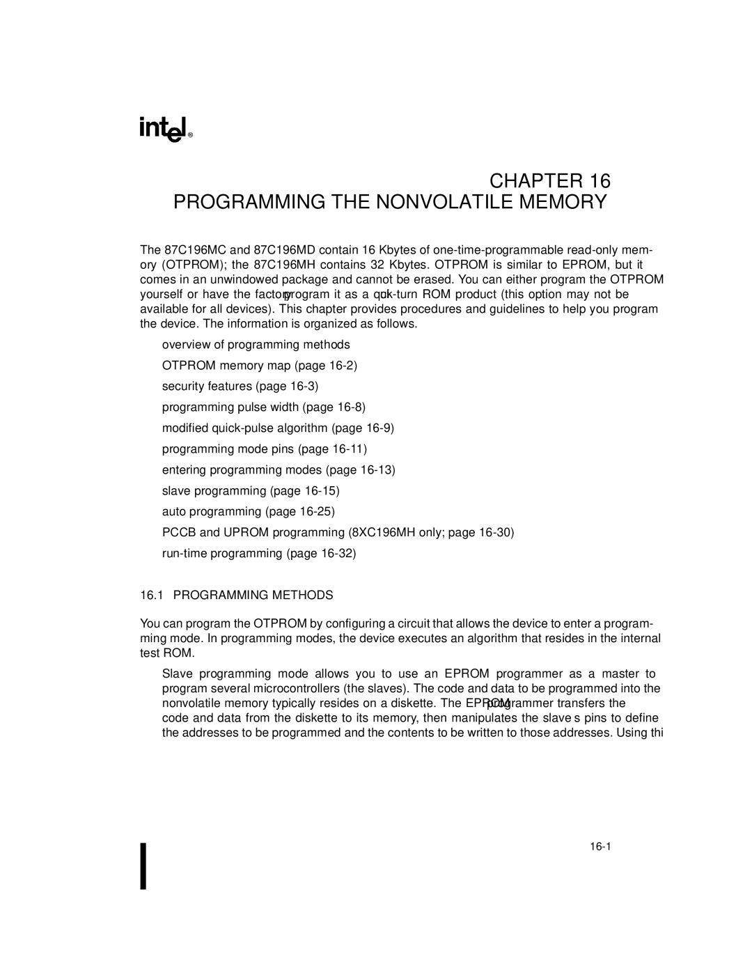 Intel 8XC196MD, 8XC196MH, 8XC196MC manual Programming the Nonvolatile Memory, Programming Methods 