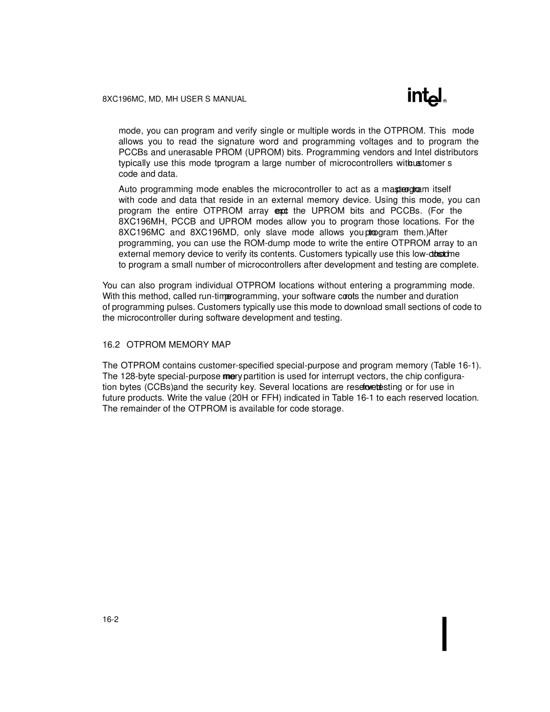 Intel 8XC196MH, 8XC196MD, 8XC196MC manual Otprom Memory MAP 