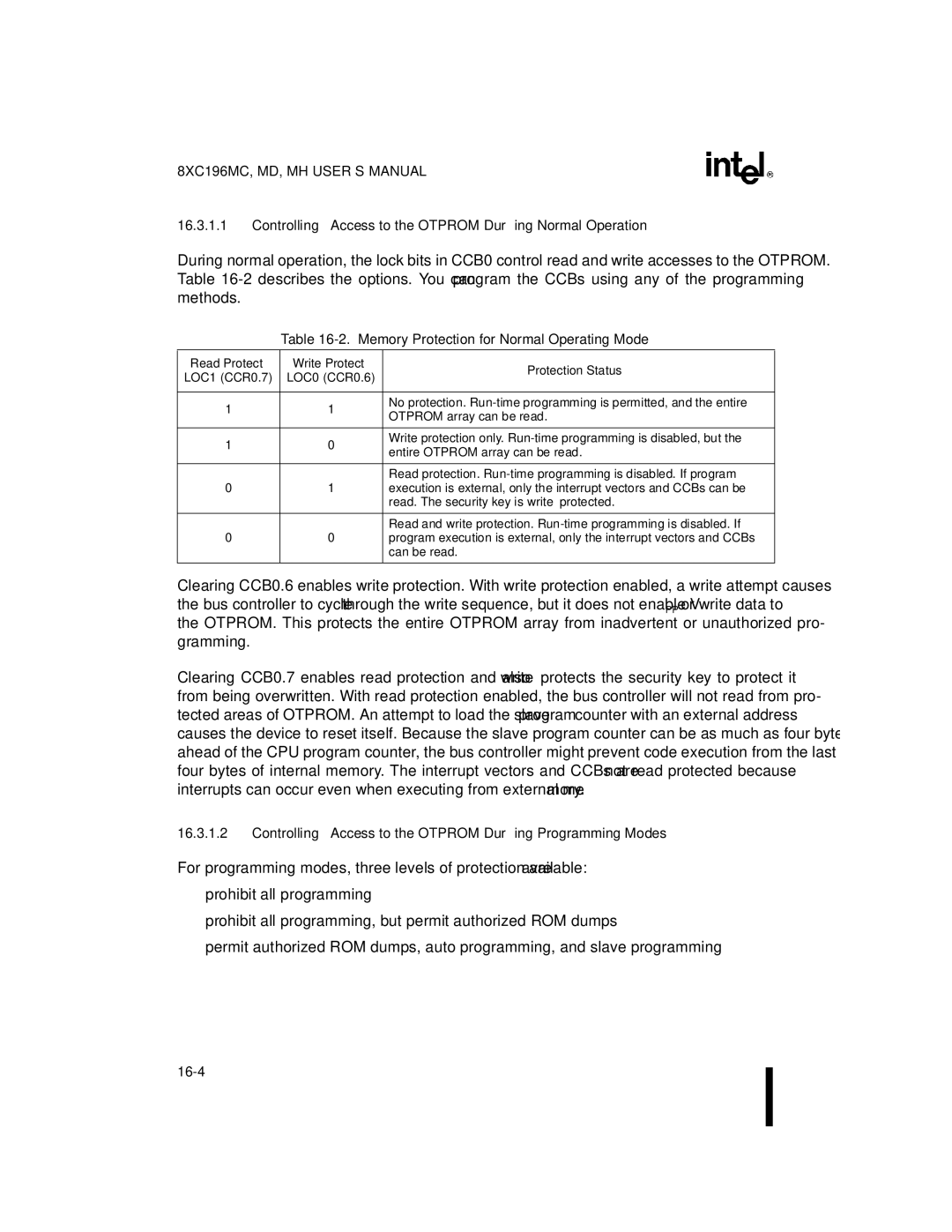 Intel 8XC196MD manual Controlling Access to the Otprom During Normal Operation, Memory Protection for Normal Operating Mode 