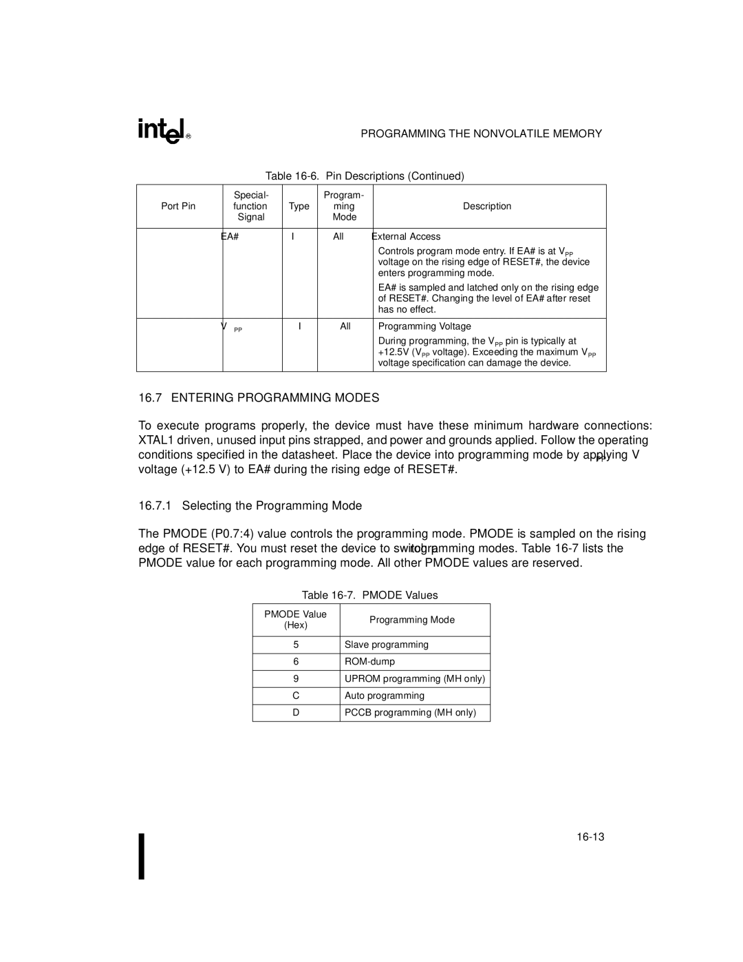 Intel 8XC196MD, 8XC196MH, 8XC196MC manual Entering Programming Modes, Selecting the Programming Mode, Pmode Values 