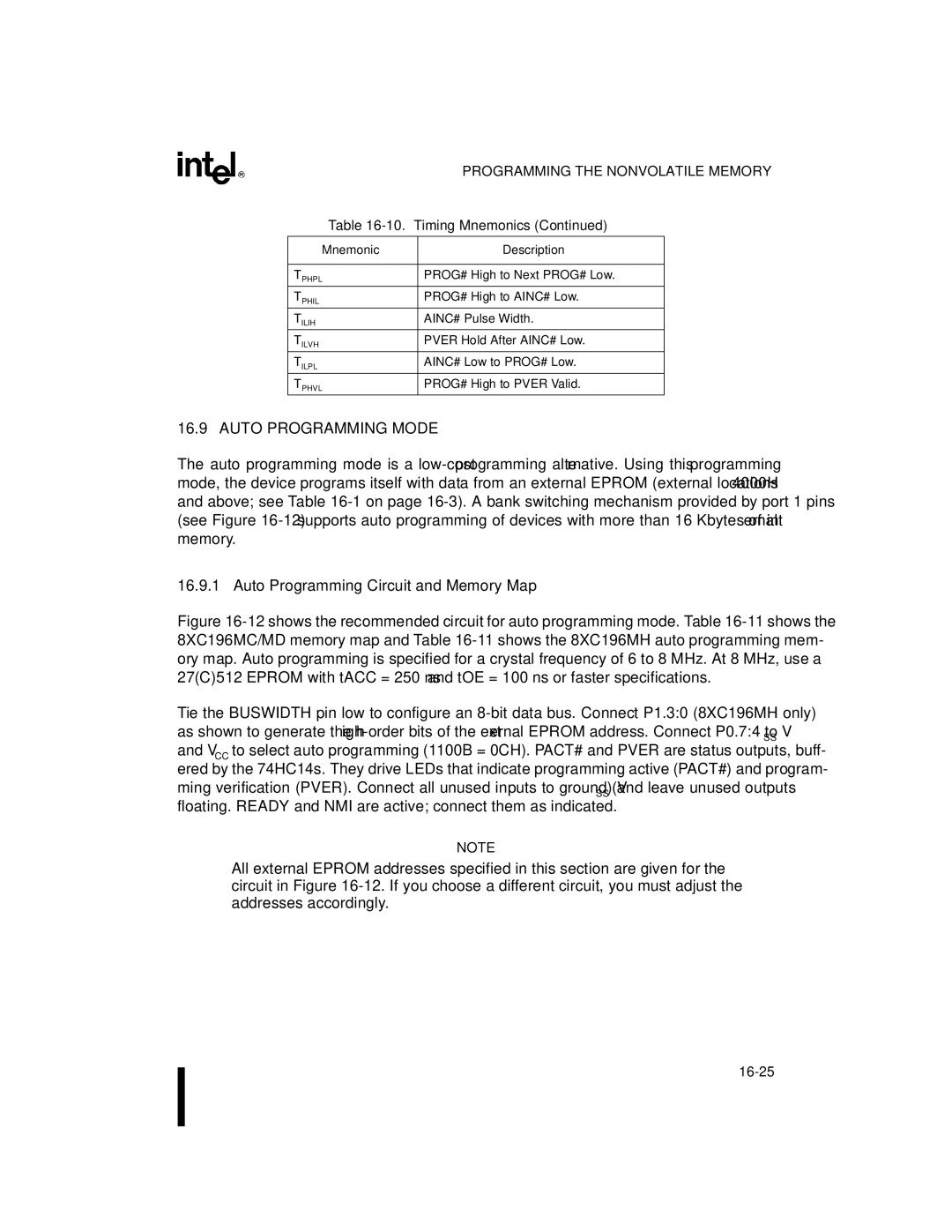 Intel 8XC196MD, 8XC196MH, 8XC196MC Auto Programming Mode, Auto Programming Circuit and Memory Map, Mnemonic Description 