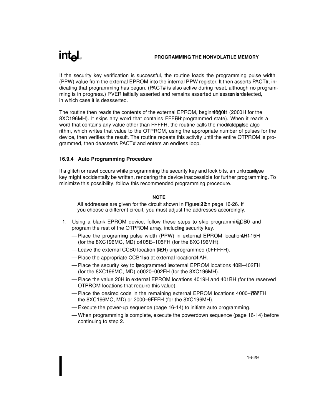 Intel 8XC196MH, 8XC196MD, 8XC196MC manual Auto Programming Procedure 