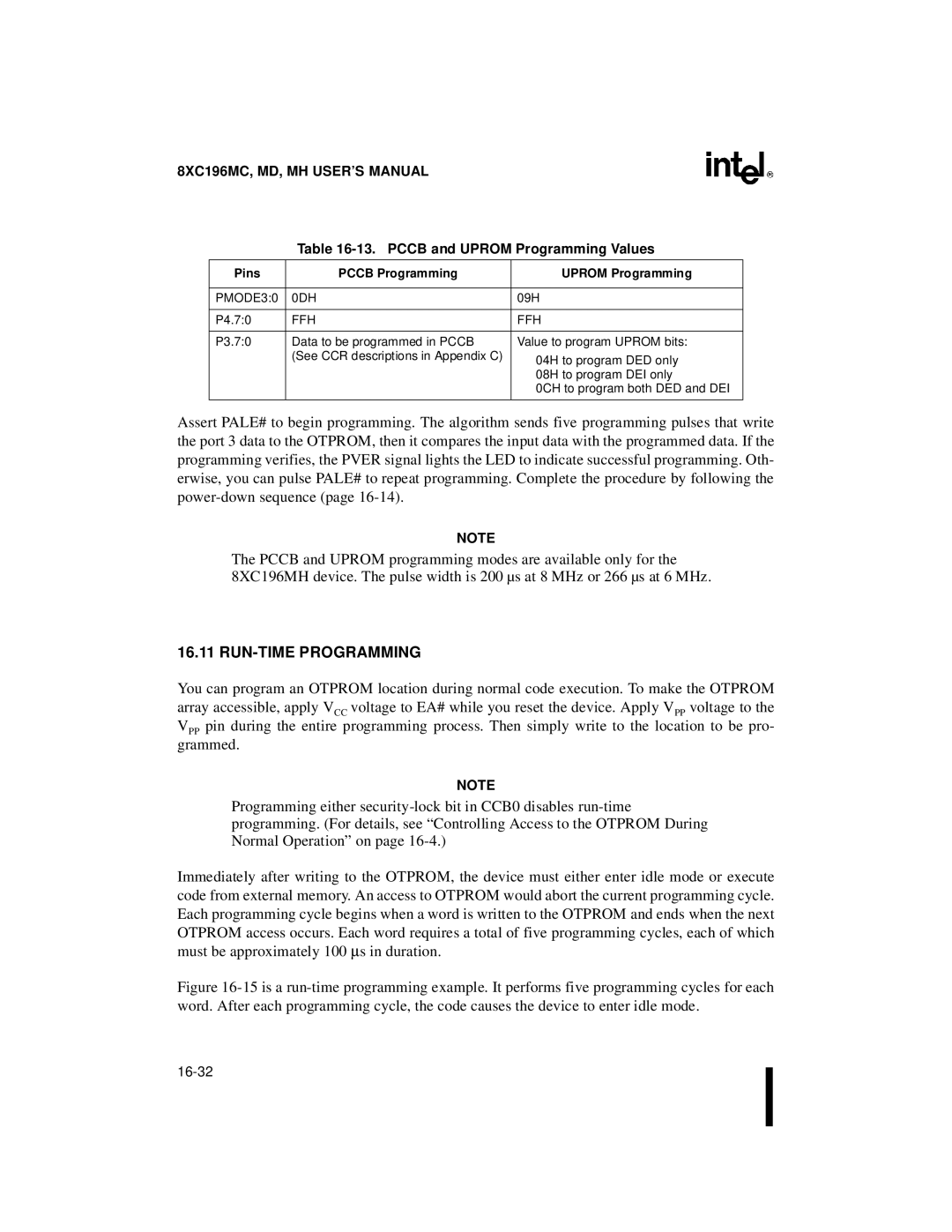 Intel 8XC196MH, 8XC196MD RUN-TIME Programming, Pccb and Uprom Programming Values, Pins Pccb Programming Uprom Programming 