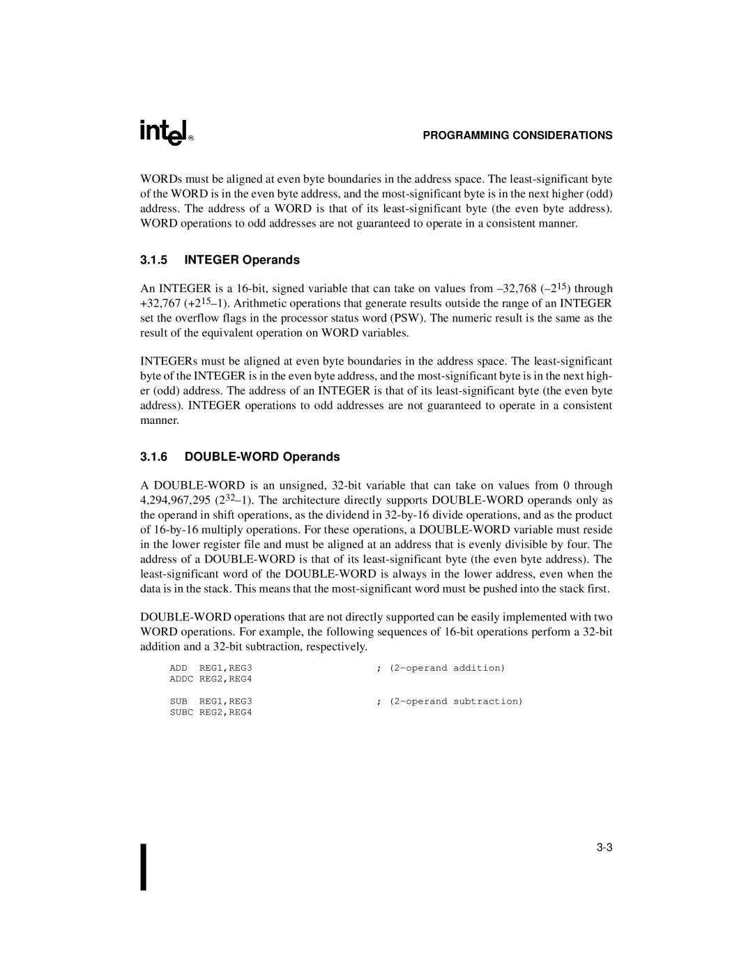 Intel 8XC196MD, 8XC196MH, 8XC196MC manual Integer Operands, DOUBLE-WORD Operands 