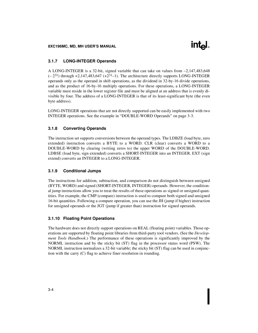 Intel 8XC196MH, 8XC196MD, 8XC196MC LONG-INTEGER Operands, Converting Operands, Conditional Jumps, Floating Point Operations 