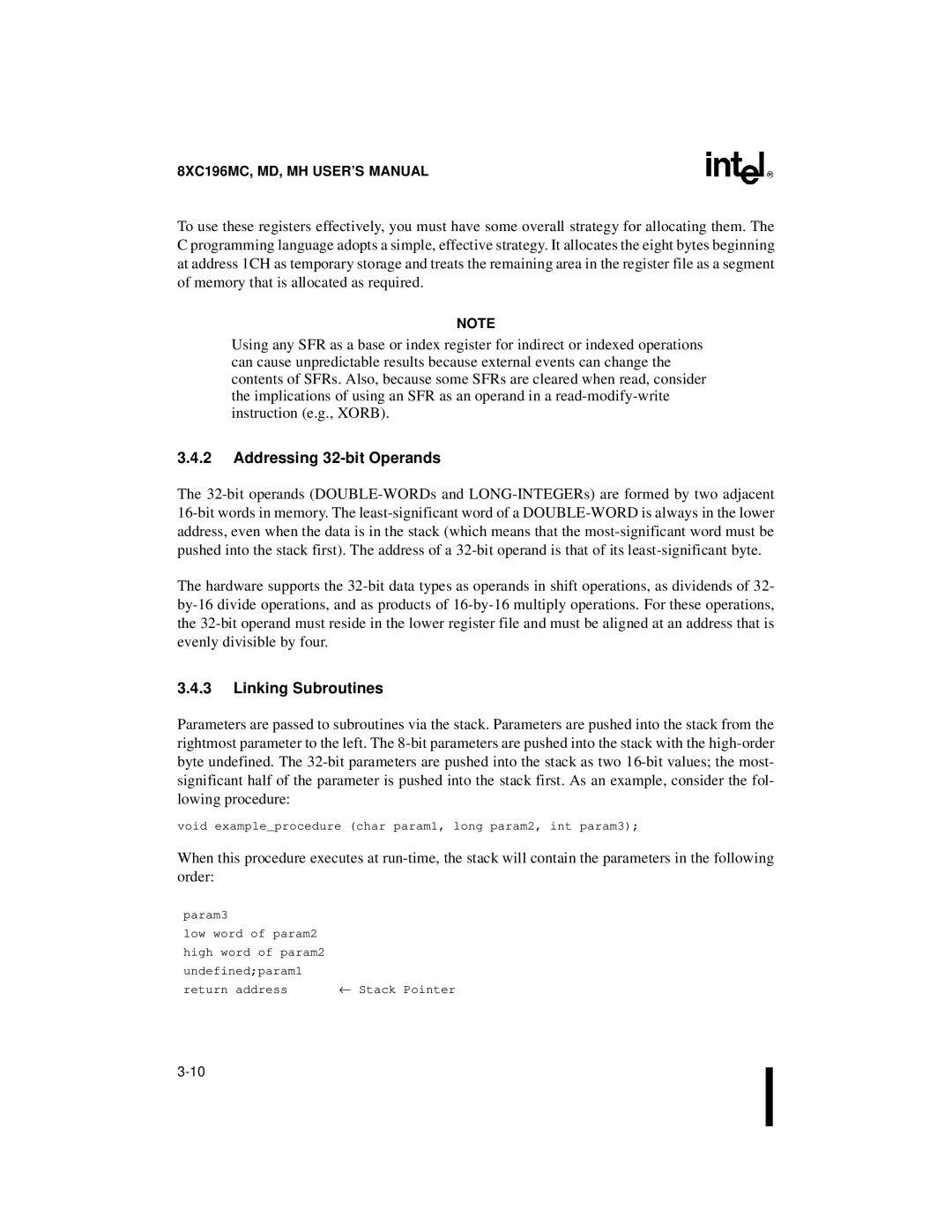 Intel 8XC196MH, 8XC196MD, 8XC196MC manual Addressing 32-bit Operands, Linking Subroutines 