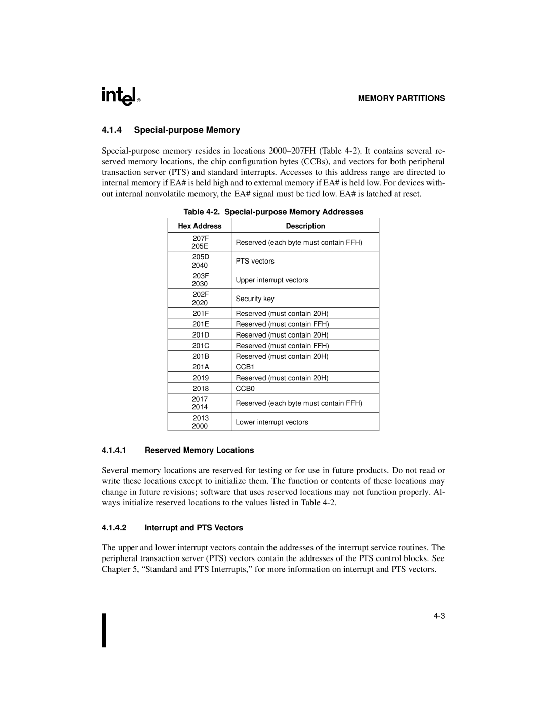 Intel 8XC196MC, 8XC196MD manual Special-purpose Memory Addresses, Reserved Memory Locations, Interrupt and PTS Vectors 