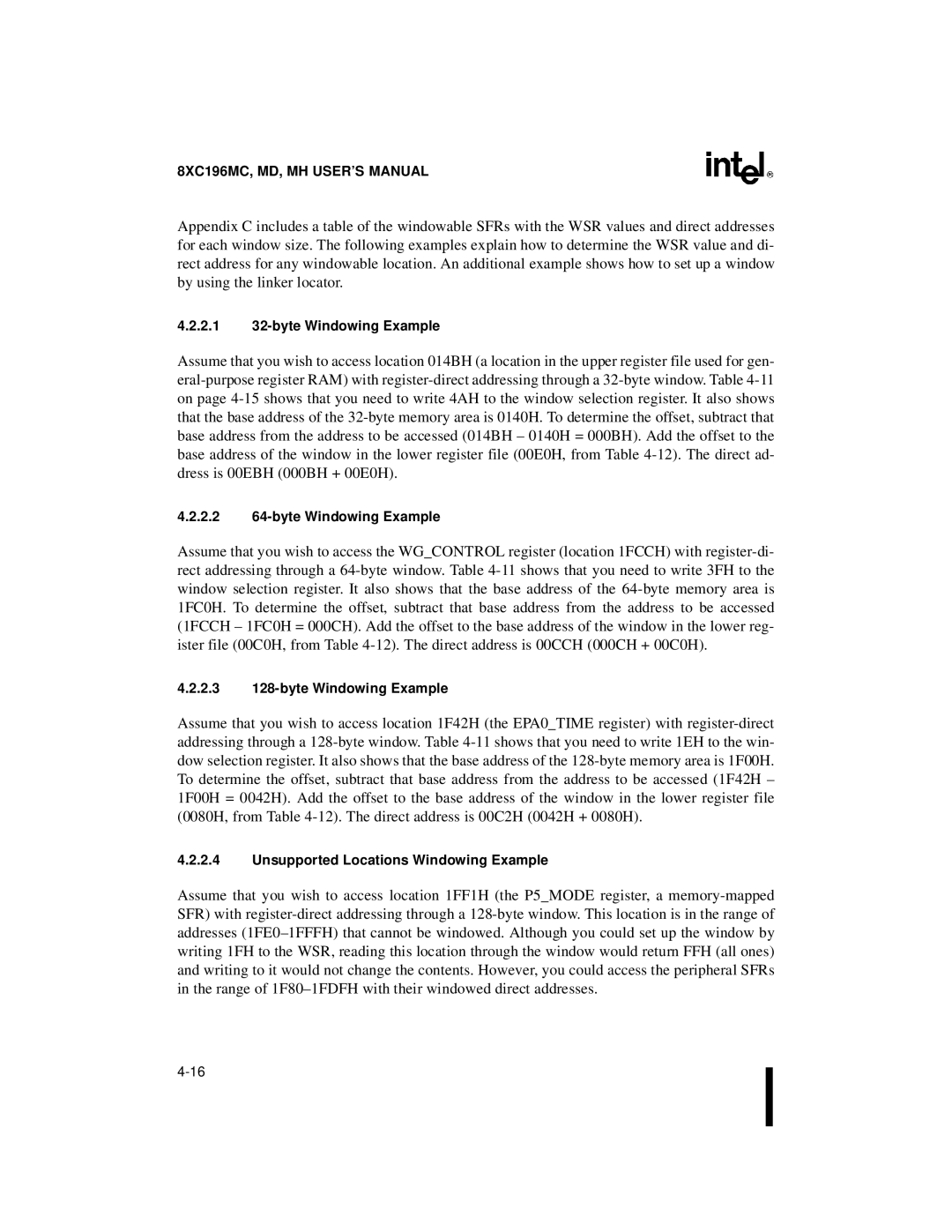 Intel 8XC196MD, 8XC196MH manual 2.1 32-byte Windowing Example, 2.2 64-byte Windowing Example, 2.3 128-byte Windowing Example 