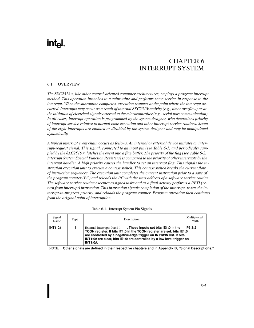 Intel 8XC251SA, 8XC251SP, 8XC251SQ manual Overview, Interrupt System Pin Signals, Signal Type Description Multiplexed, With 