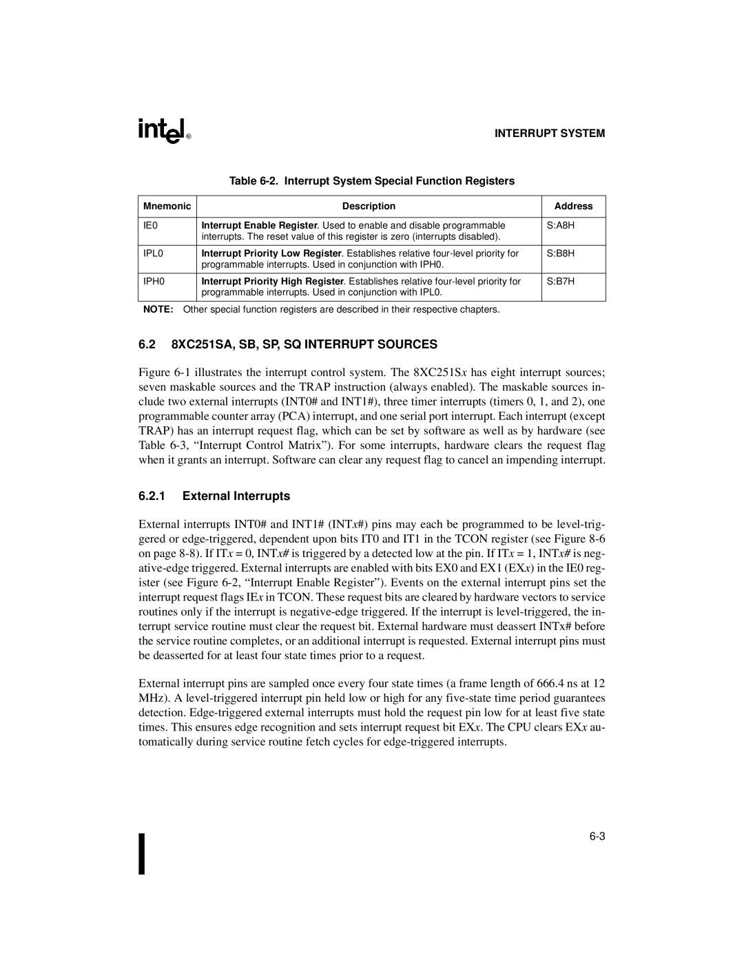 Intel 8XC251SQ 8XC251SA, SB, SP, SQ Interrupt Sources, External Interrupts, Interrupt System Special Function Registers 