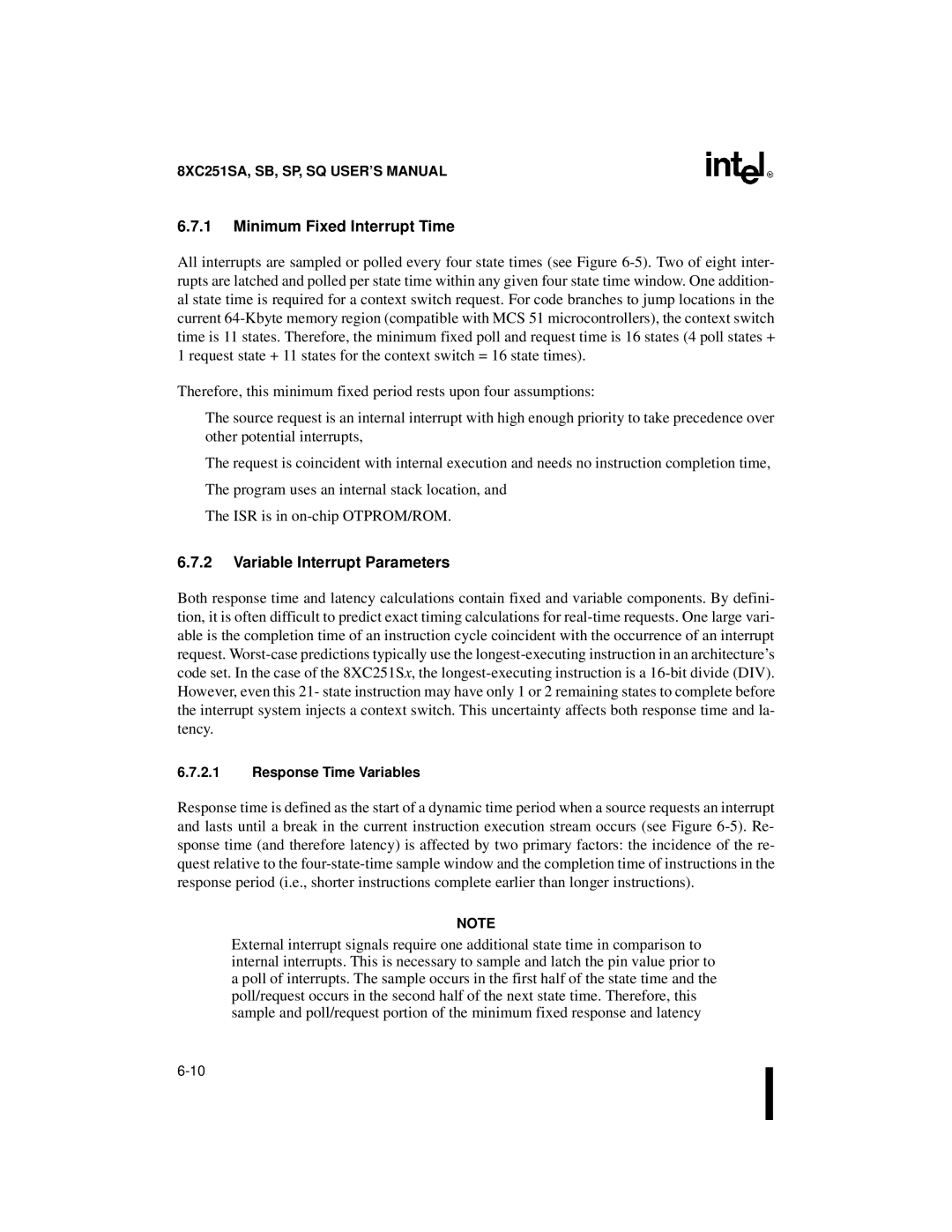 Intel Embedded Microcontroller manual Minimum Fixed Interrupt Time, Variable Interrupt Parameters, Response Time Variables 