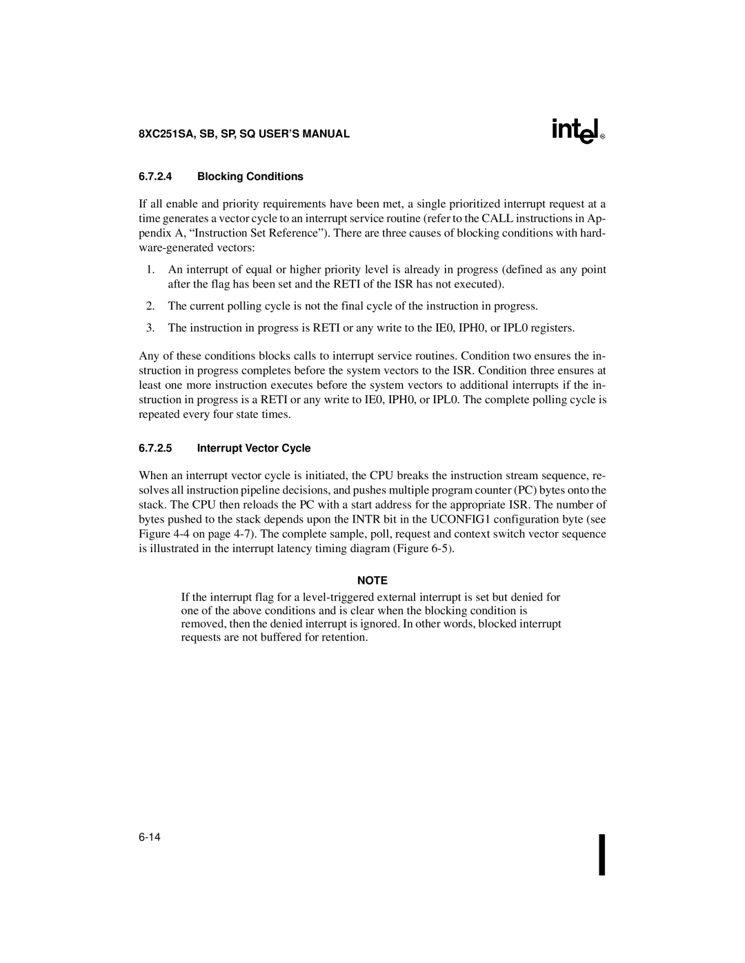 Intel 8XC251SB, 8XC251SA, 8XC251SP, 8XC251SQ, Embedded Microcontroller manual Blocking Conditions, Interrupt Vector Cycle 