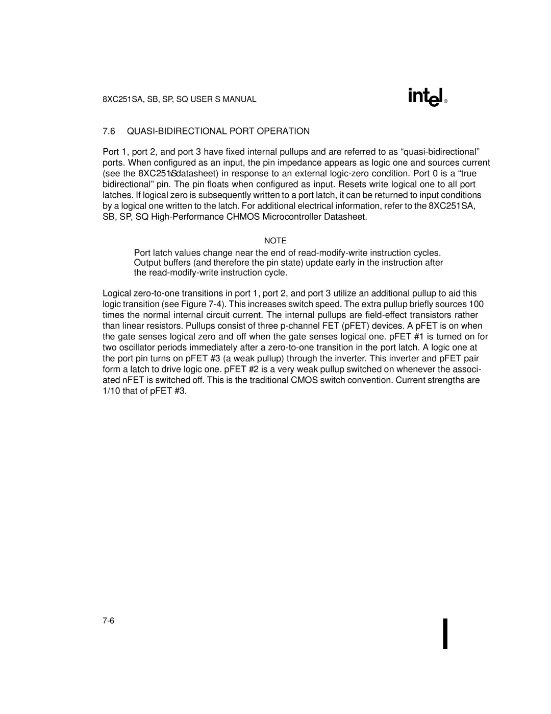 Intel 8XC251SB, 8XC251SA, 8XC251SP, 8XC251SQ, Embedded Microcontroller manual QUASI-BIDIRECTIONAL Port Operation 