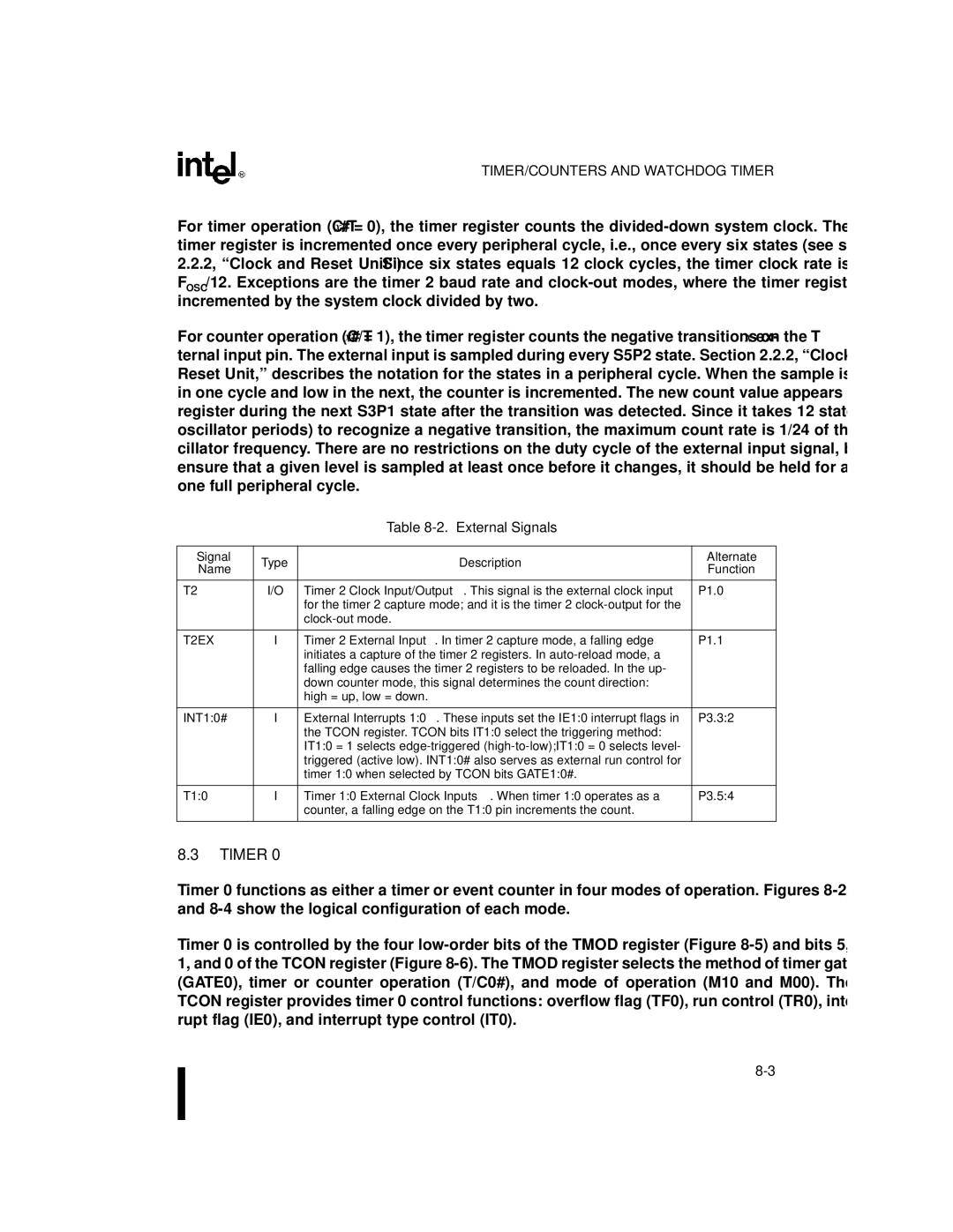 Intel 8XC251SQ, 8XC251SA, 8XC251SP, 8XC251SB manual Timer, External Signals, Signal Type Description Alternate Name Function 