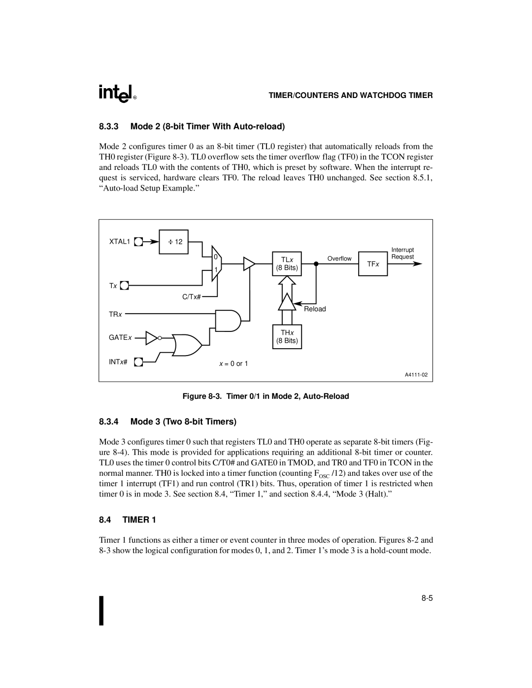 Intel Embedded Microcontroller, 8XC251SA, 8XC251SP, 8XC251SQ Mode 2 8-bit Timer With Auto-reload, Mode 3 Two 8-bit Timers 