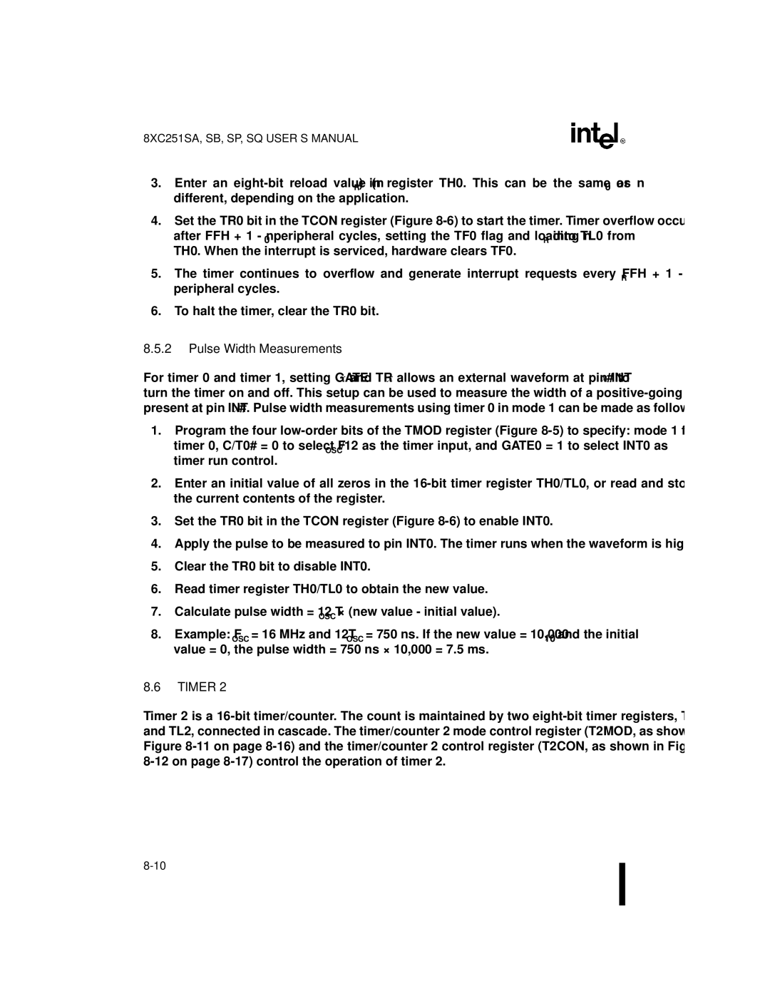 Intel Embedded Microcontroller, 8XC251SA, 8XC251SP, 8XC251SQ, 8XC251SB manual Pulse Width Measurements, Timer 