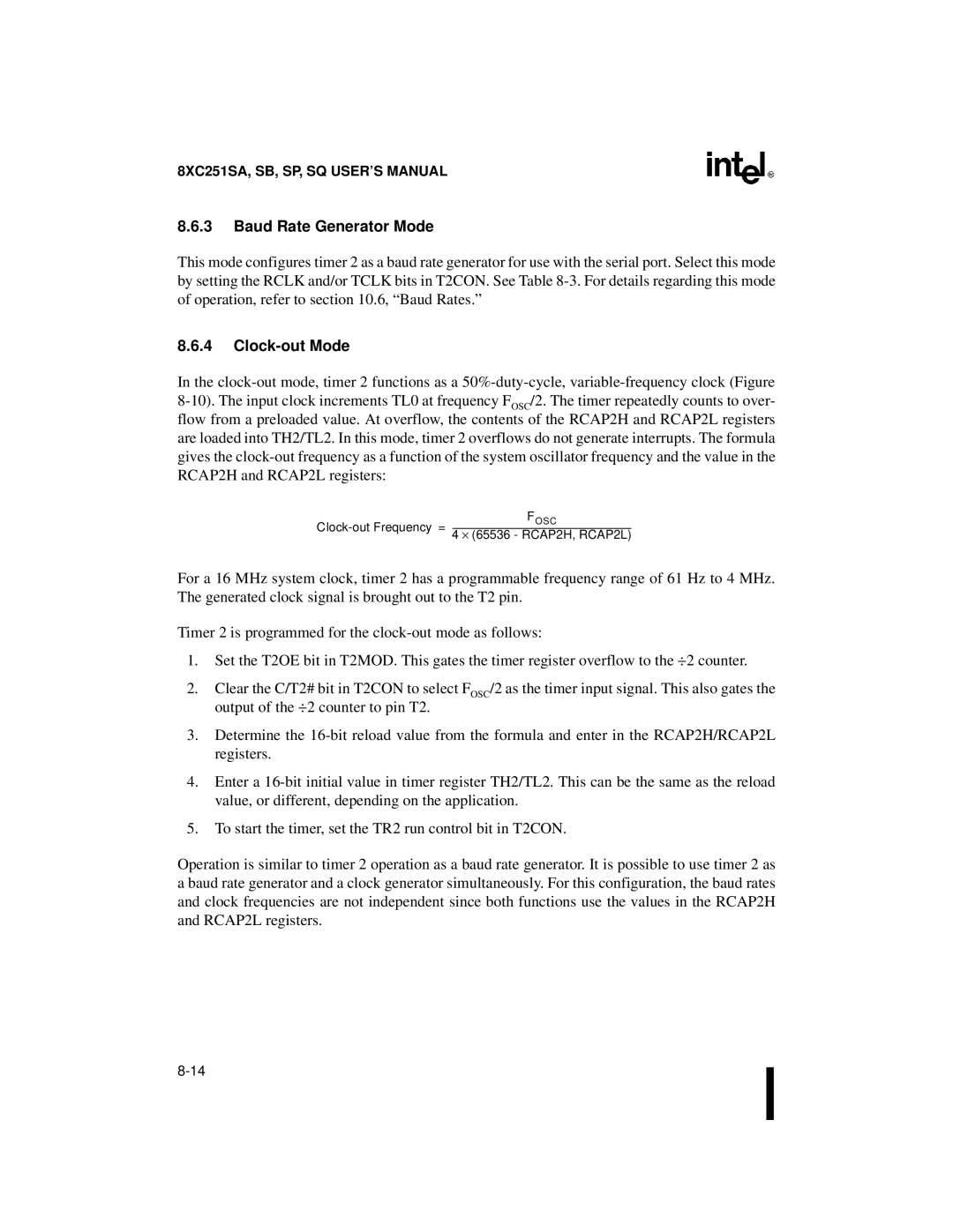 Intel 8XC251SB, 8XC251SA, 8XC251SP, 8XC251SQ, Embedded Microcontroller manual Baud Rate Generator Mode, Clock-out Mode 