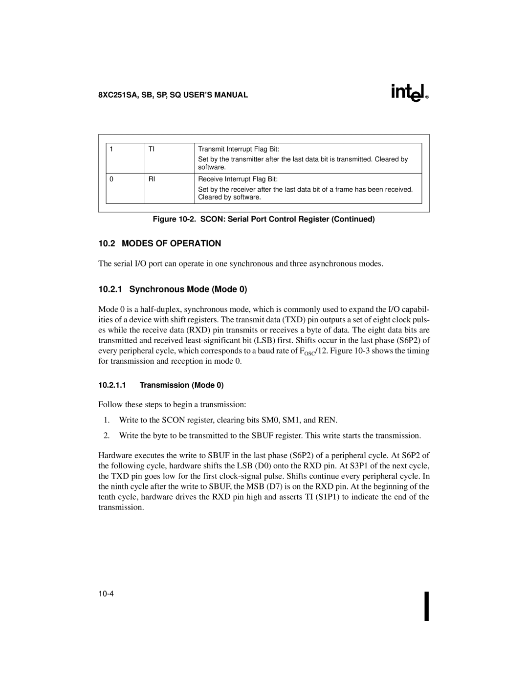 Intel 8XC251SP, 8XC251SA, 8XC251SQ, 8XC251SB manual Modes of Operation, Synchronous Mode Mode, Transmission Mode 