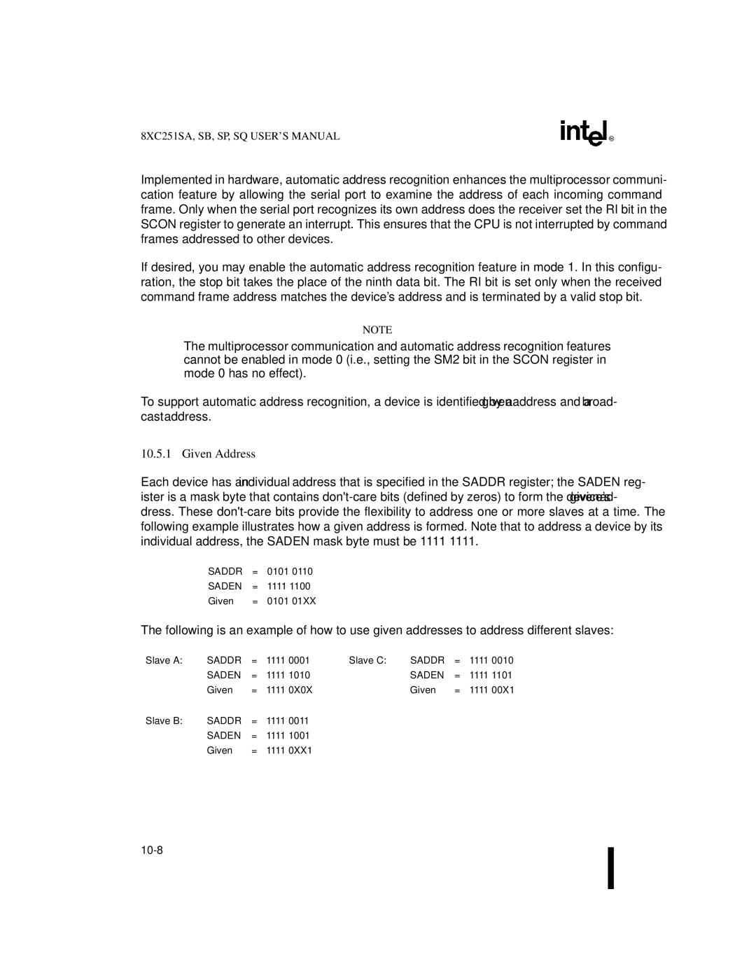 Intel 8XC251SA, 8XC251SP, 8XC251SQ, 8XC251SB, Embedded Microcontroller manual Given Address, Saddr 