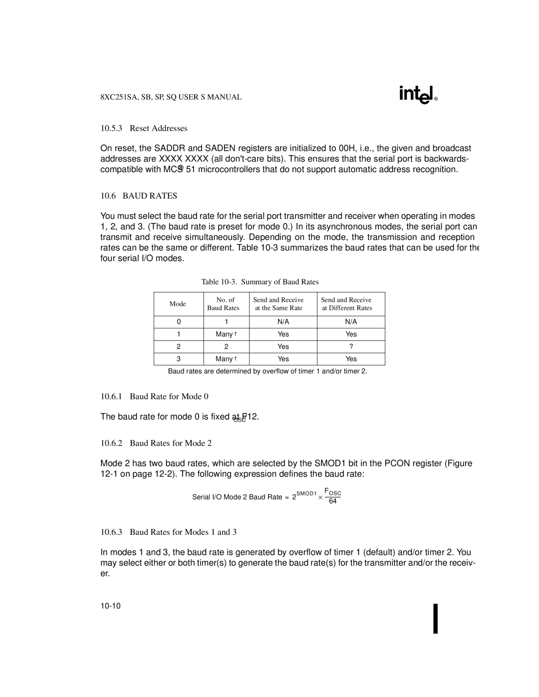 Intel 8XC251SQ, 8XC251SA, 8XC251SP, 8XC251SB manual Reset Addresses, Baud Rate for Mode, Baud Rates for Modes 1 