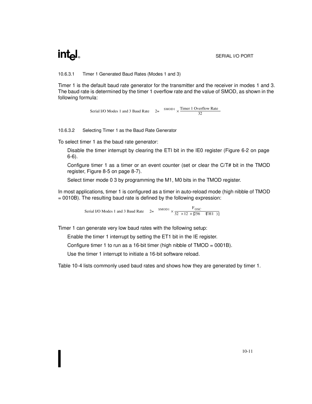 Intel 8XC251SB, 8XC251SA, 8XC251SP manual Timer 1 Generated Baud Rates Modes 1, Selecting Timer 1 as the Baud Rate Generator 