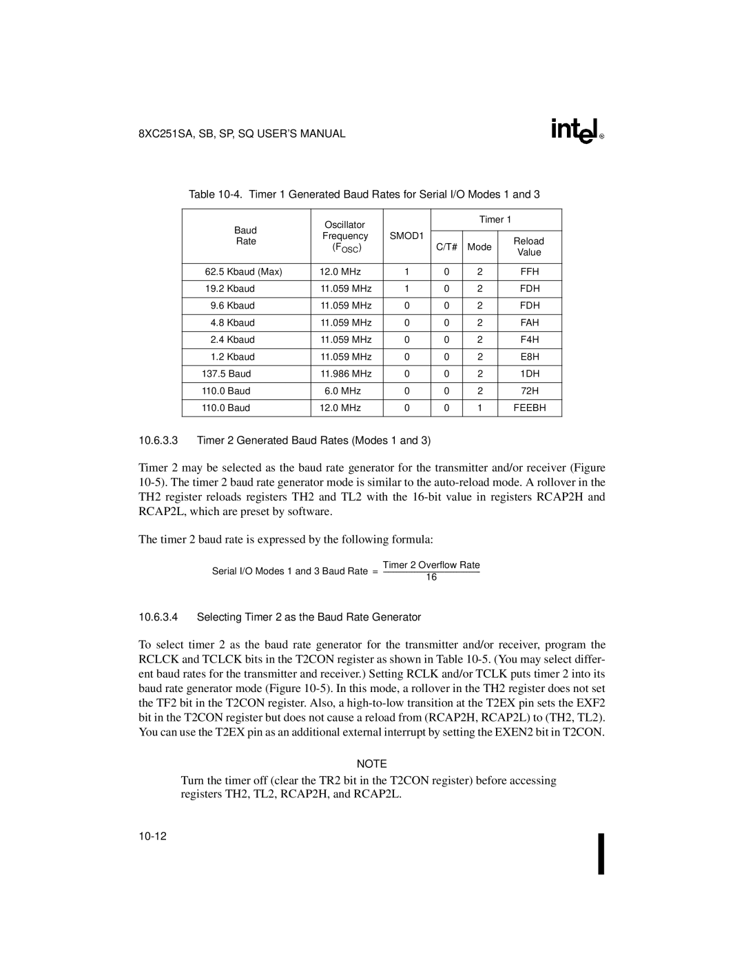 Intel Embedded Microcontroller Timer 1 Generated Baud Rates for Serial I/O Modes 1, Timer 2 Generated Baud Rates Modes 1 