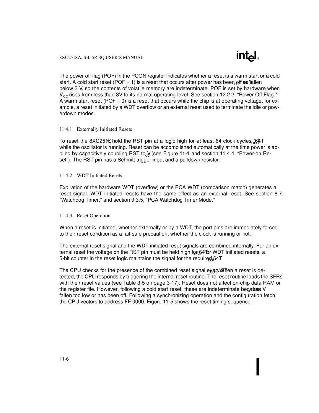 Intel Embedded Microcontroller, 8XC251SA, 8XC251SP manual Externally Initiated Resets, WDT Initiated Resets, Reset Operation 