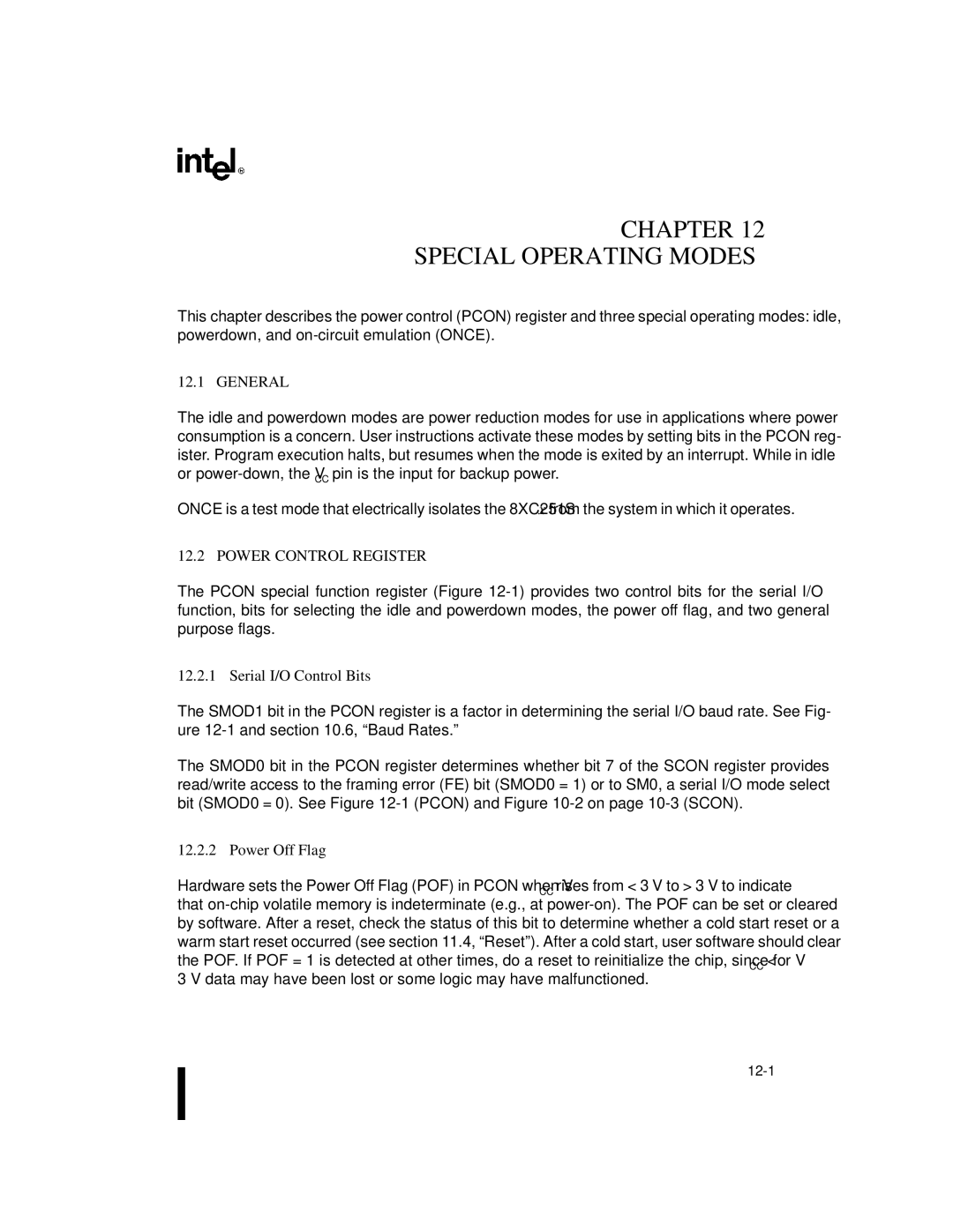 Intel Embedded Microcontroller, 8XC251SA, 8XC251SP General, Power Control Register, Serial I/O Control Bits, Power Off Flag 