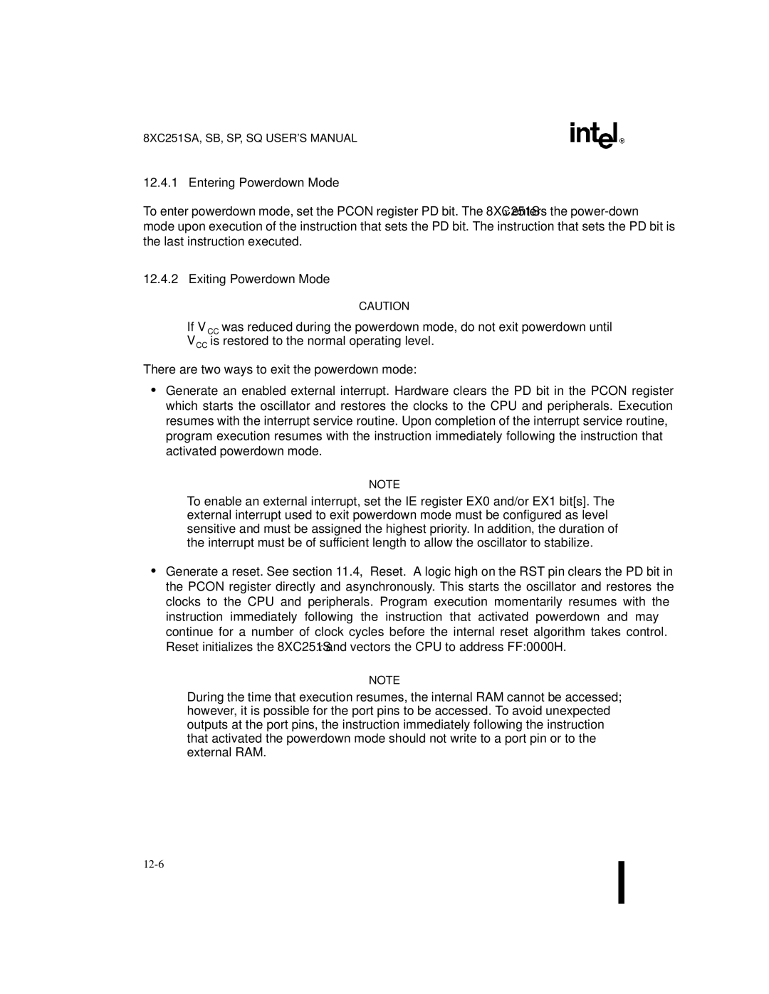 Intel Embedded Microcontroller, 8XC251SA, 8XC251SP, 8XC251SQ, 8XC251SB manual Entering Powerdown Mode, Exiting Powerdown Mode 